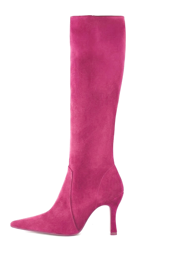 Handcrafted women's comfortable and elegant custom-made formal knee-high boots in fuchsia pink premium leather. High spool heels. Pointed toe. Perfect for elevated everyday style. 
                Choose from our luxurious collections of leather and fabric to perfectly match your knee-high boots to your outfits. - Florence KOOIJMAN